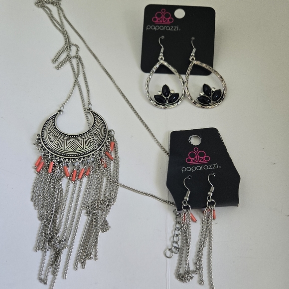paparazzi Jewelry - 3 NEW Paparazzi jewelry long necklace earrings dangly silver tone festival